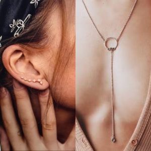 Matching rose gold ear crawler earring and long necklace